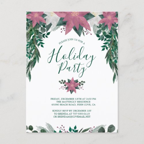 Rustic Pink White Poinsettia Foliage Holiday Party Invitation Postcard