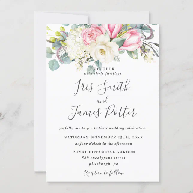 Rustic Pink White Rose Magnolia Hydrangea Wedding Invitation | Zazzle