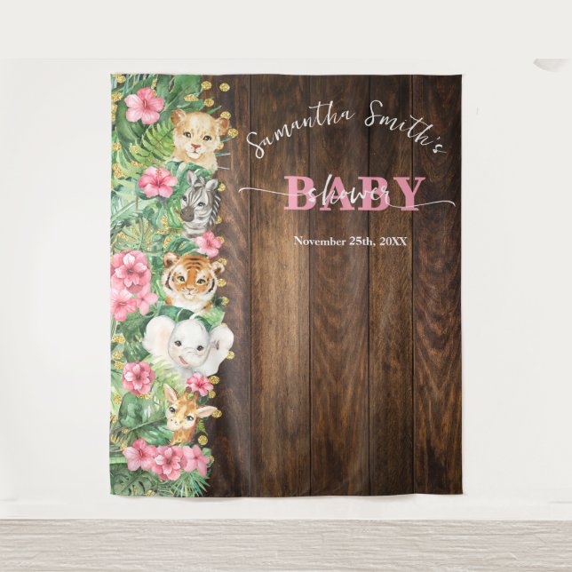 Rustic Pink Wild Safari Animal Welcome Baby Shower Tapestry (Front)