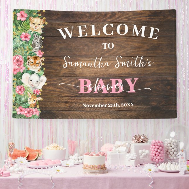 Rustic Pink Wild Safari Welcome Baby Shower Banner (Party)