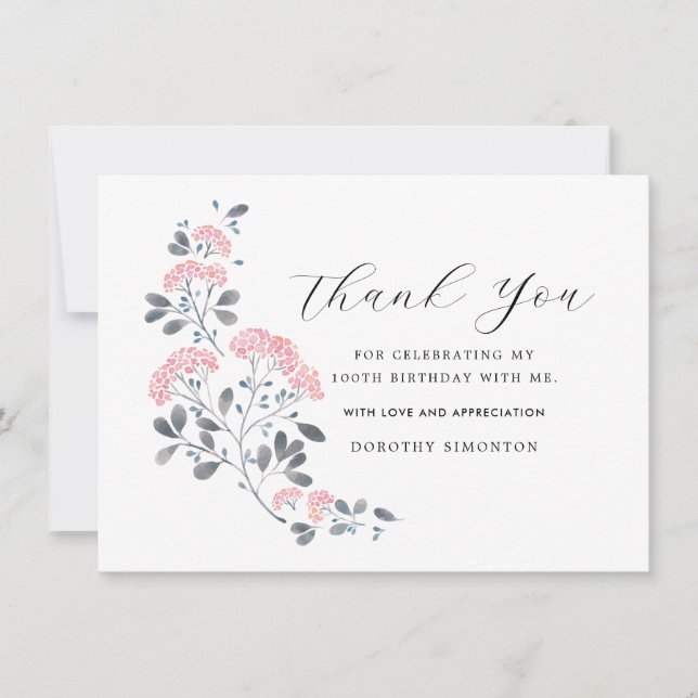 Rustic Pink Wildflower 100th Birthday Thank You (Front)