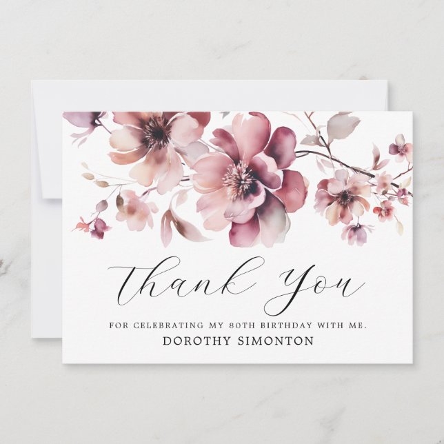 Rustic Pink Wildflower 80th Birthday Thank You (Front)
