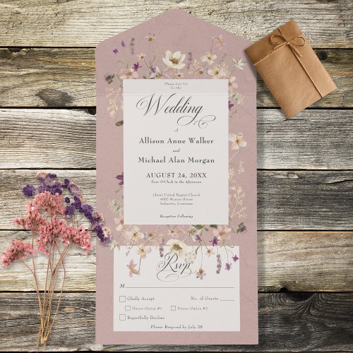 Rustic Pink Wildflower Frame Dinner All In One Invitation