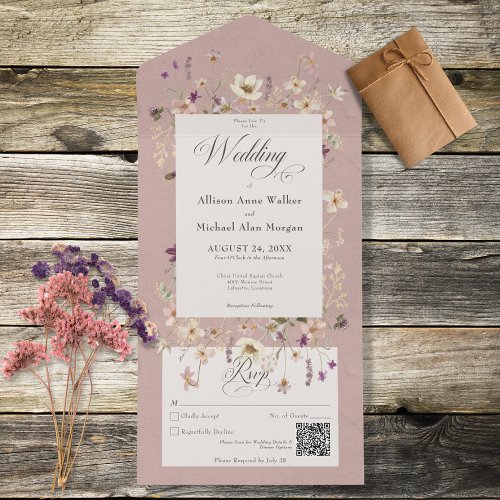 Rustic Pink Wildflower Frame QR Code All In One Invitation