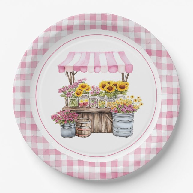 Rustic Pink Wildflower Sunflowers Farmers Market Paper Plates (Front)