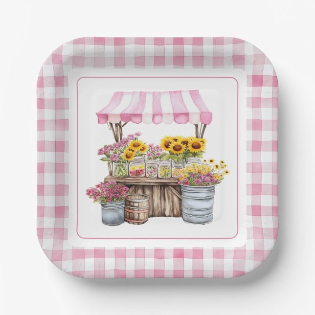 Rustic Pink Wildflower Sunflowers Farmers Market Paper Plates (Front)