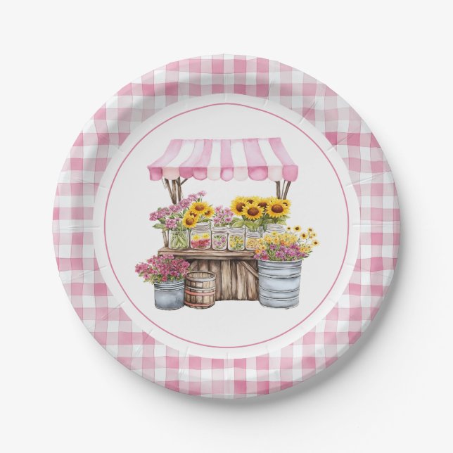 Rustic Pink Wildflower Sunflowers Farmers Market Paper Plates (Front)