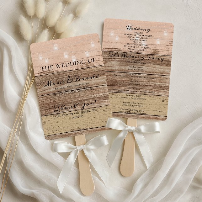 Rustic Pink Wood and Lanterns Wedding Program Hand Fan (Creator Uploaded)