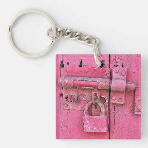 Rustic pink wood door and lock keychain