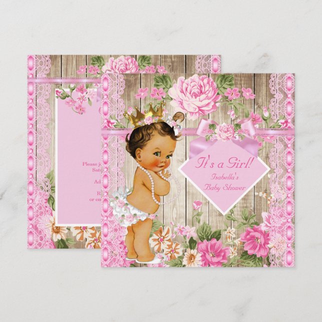 Rustic Pink Wood Princess Baby Shower Brunette Invitation (Front/Back)