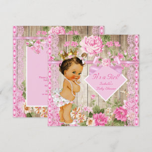 Rustic Pink Wood Princess Baby Shower Brunette Invitation