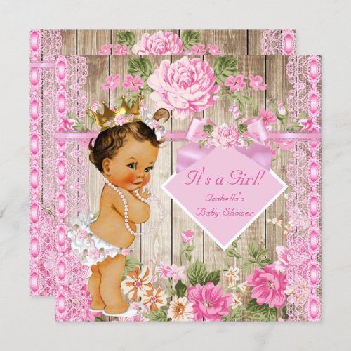 Rustic Pink Wood Princess Baby Shower Brunette Invitation