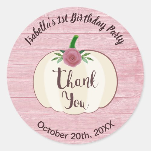 Rustic Pink Wood White Pumpkin Floral Thank You Classic Round Sticker