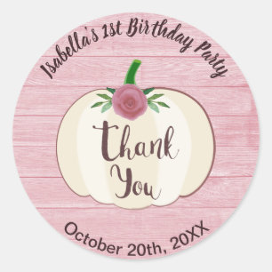 Rustic Pink Wood White Pumpkin Floral Thank You Classic Round Sticker