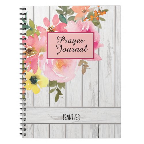 Rustic Pink Yellow Orange Floral Wood Name Prayer Notebook