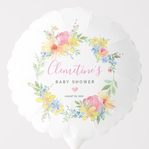 Rustic Pink Yellow Watercolor Floral Baby Shower Balloon