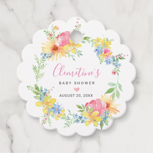 Rustic Pink Yellow Watercolor Floral Baby Shower Favor Tags