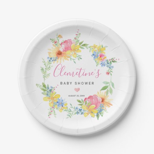 Rustic Pink Yellow Watercolor Floral Baby Shower Paper Plates