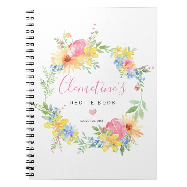 Rustic Pink Yellow Watercolor Floral Recipe Book (Front)