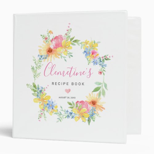 Rustic Pink Yellow Watercolor Floral Recipe Book 3 Ring Binder