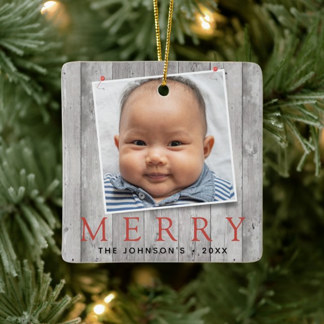 Rustic Pinned Photos Merry Holiday Ceramic Ornament (Tree)