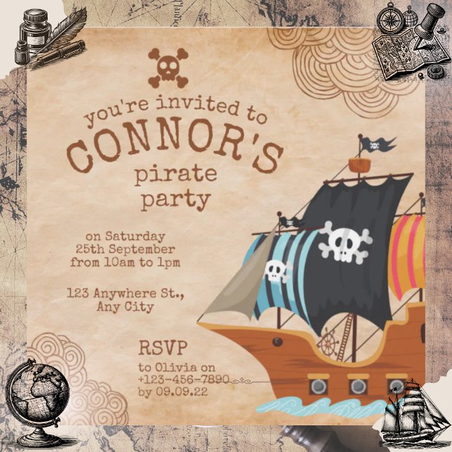 Rustic Pirate Birthday Party with Vintage Ship  Invitation (Creator Uploaded)