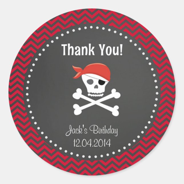 Rustic Pirate Birthday Thank You Sticker Red (Front)