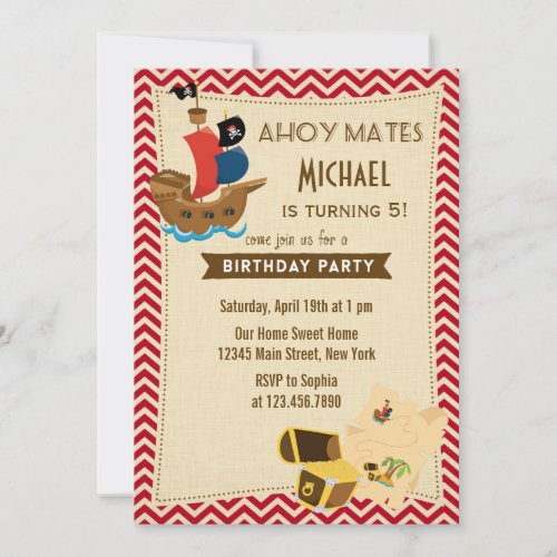 Rustic Pirate Ship Birthday Invitation Red