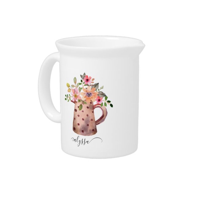 Rustic Pitcher Peach & Mauve Watercolor Floral (Left)