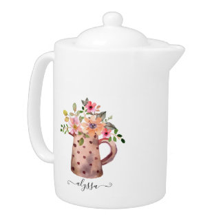 Rustic Pitcher Peach & Mauve Watercolor Floral