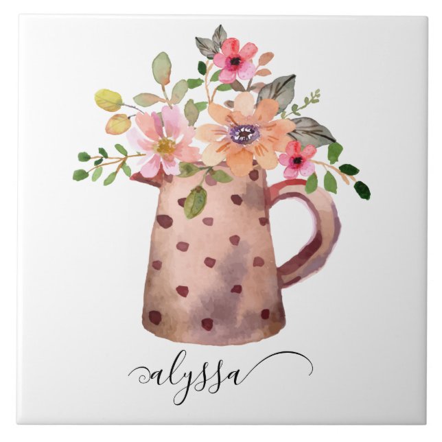 Rustic Pitcher Peach & Mauve Watercolor Floral Ceramic Tile (Front)