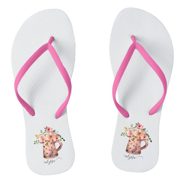 Rustic Pitcher Peach & Mauve Watercolor Floral Flip Flops (Footbed)