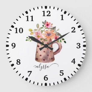 Rustic Pitcher Peach & Mauve Watercolor Floral Large Clock