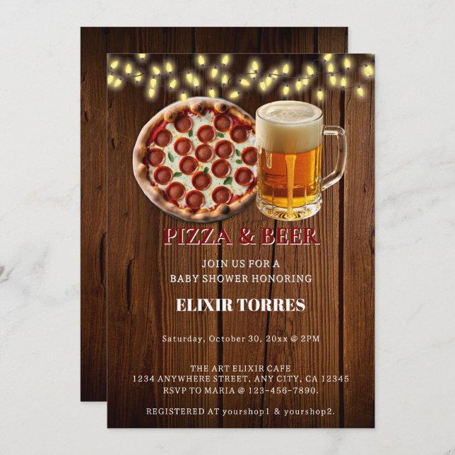 Rustic Pizza & Beer Baby Shower Invitation (Front/Back)
