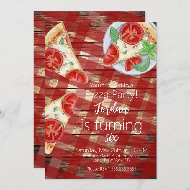 Rustic Pizza Slices Birthday Party Script   Invitation (Front/Back)