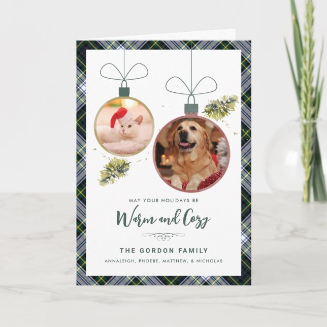 Rustic Plaid 2 Pet Photos Tartan Christmas Holiday Card (Front)
