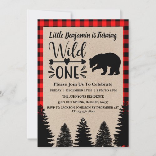 Rustic Plaid And Bear  First Birthday Party Invitation