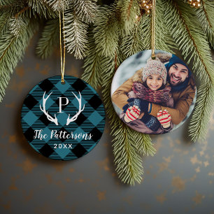 Rustic Plaid Antler Monogram Custom Photo Ceramic Ornament