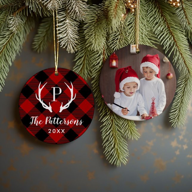 Rustic Plaid Antler Monogram Custom Photo Ceramic Ornament (Creator Uploaded)