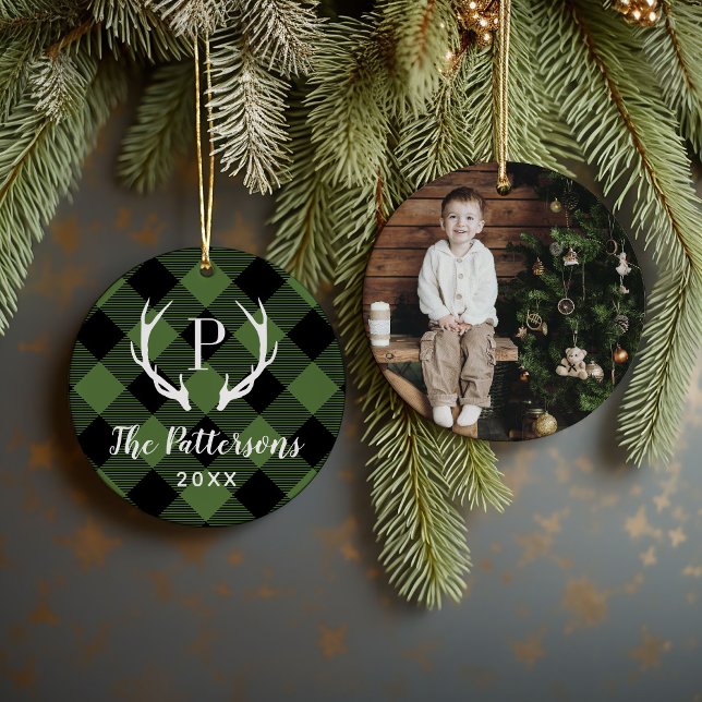 Rustic Plaid Antler Monogram Custom Photo Ceramic Ornament (Creator Uploaded)