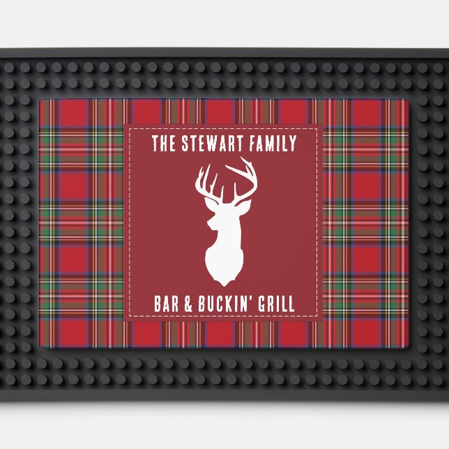 Rustic Plaid Antlers Stewart Tartan Cabin Custom Bar Mat (Front (Close Up))