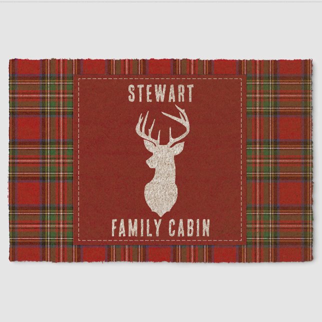 Rustic Plaid Antlers Stewart Tartan Cabin Custom Fiber Doormat (Front)