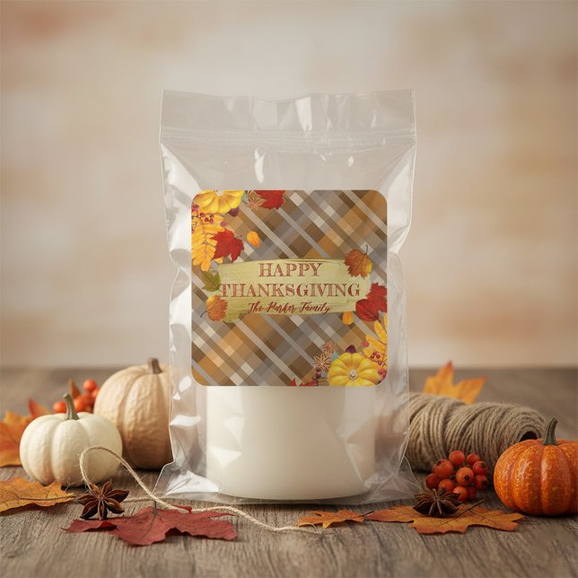Rustic Plaid Autumn Harvest Thanksgiving Favor Square Sticker (Creator Uploaded)