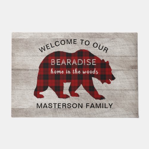 Rustic Plaid Bear Family Cabin Welcome Doormat