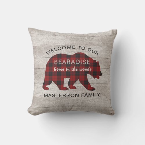 Rustic Plaid Bear Family Cabin Welcome Outdoor Pillow