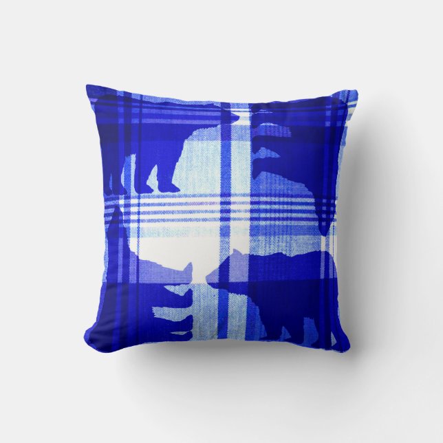 Rustic plaid blue bear throw pillow (Front)
