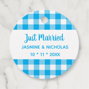 Rustic Plaid Blue Gingham Just Married Wedding Favor Tags