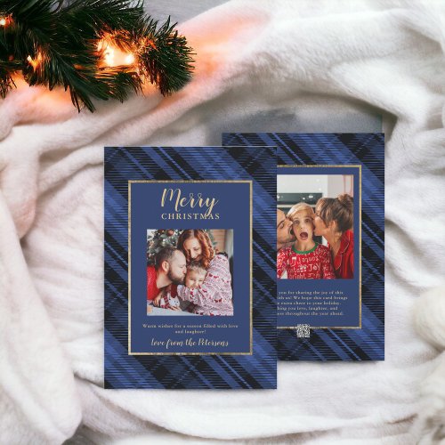 Rustic Plaid Blue Gold Merry Christmas 2 Photos Holiday Card