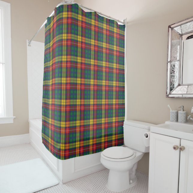 Rustic Plaid Buchanan Tartan Bright Farmhouse Shower Curtain (In Situ)