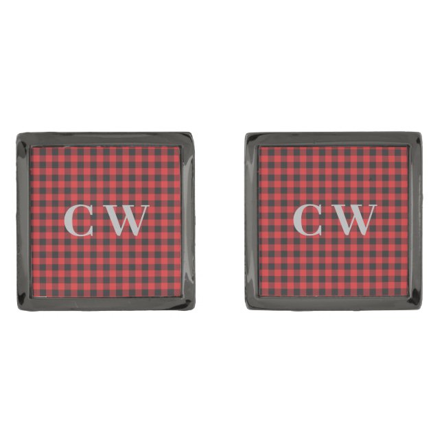 Rustic Plaid Buffalo Monogram Initials Groom Cufflinks (Front)